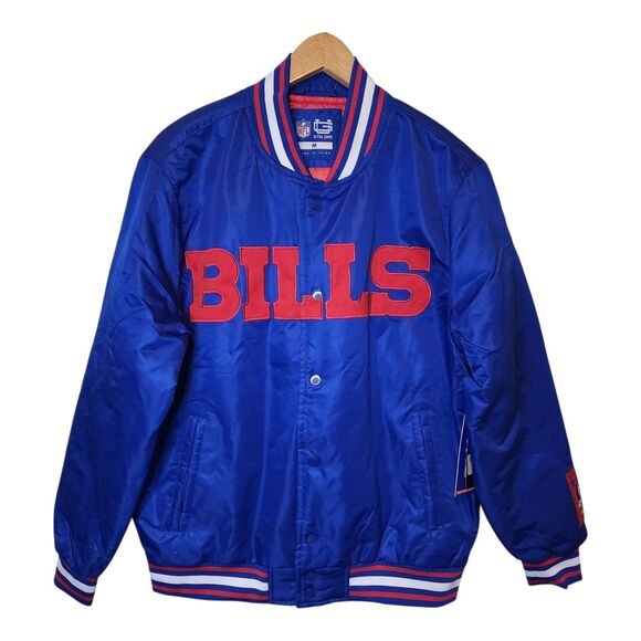 Buffalo Bills Jacket Varsity Satin Bomber Button Mens Medium NFL Team Apparel - Picture 1 of 10